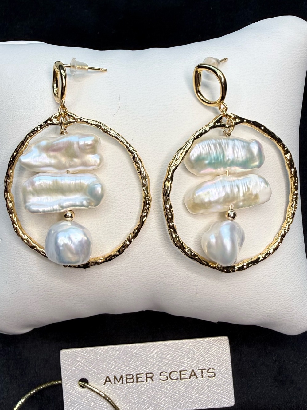 Amber Sceats 24k Plated Gold Hoop Earrings Iridescent White Freshwater Pearls